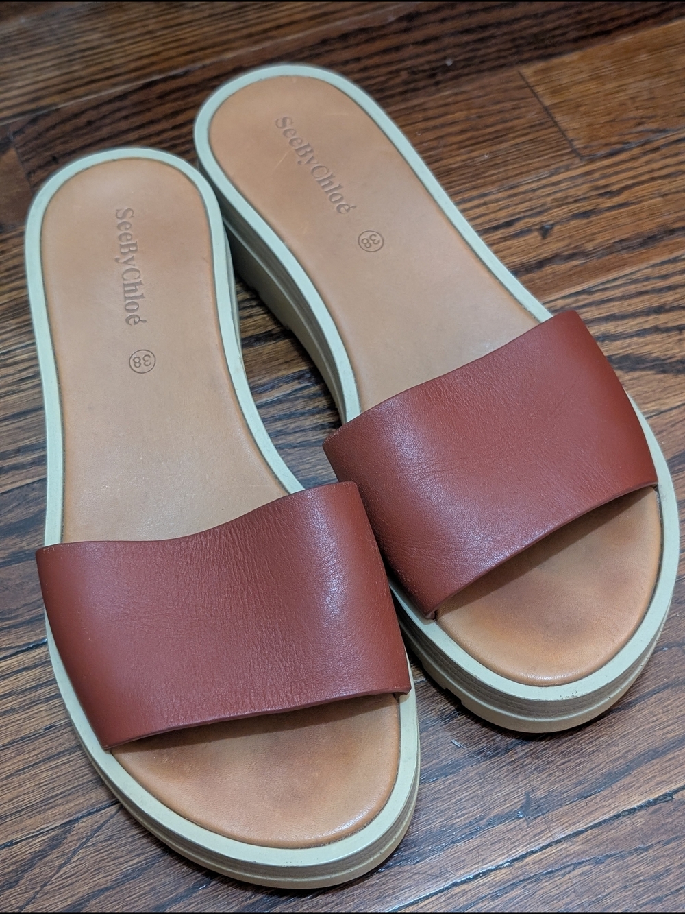 See by Chloé "Robin" Cognac Leather Platform Slide Sandals - Size 38